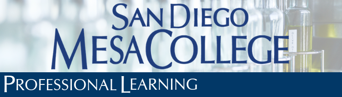 Professional Development San Diego Mesa College graphic over a fading picture of stacked bottles of various colors